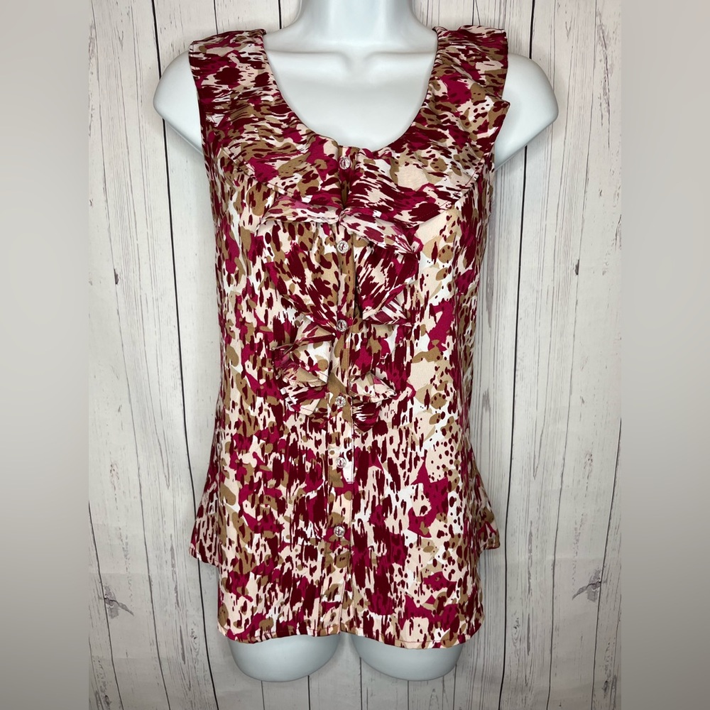Banana Republic Top Women’s Small Red Print Sleeveless Button Up Ruffle Career